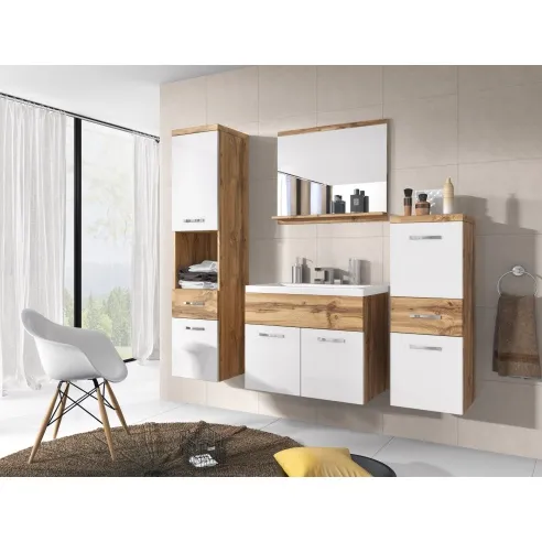 Badezimmermöbel aus Wotan-Eiche mit weißem Hochglanzfinish - ALBA
