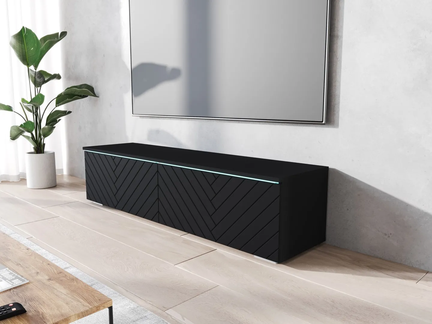 DONNA TV-Schrank 140 cm, schwarz-graphitfarben / MDF-Front im Fischgrätmuster