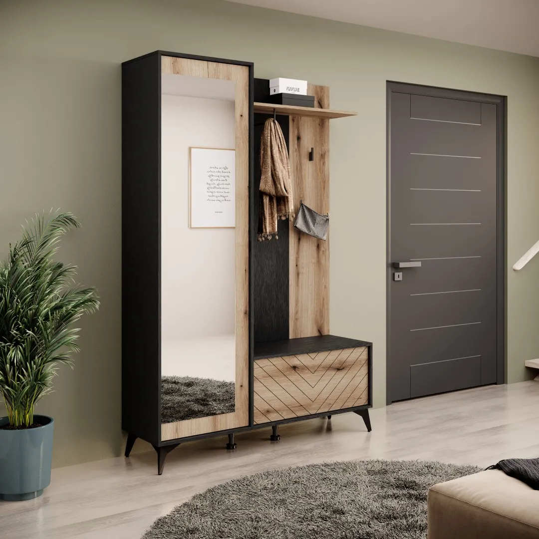 Kleiderschrank „DIAMOND“, 134 cm, mit Spiegel und gepolstertem Sitz, Evoke Eiche/Schwarz