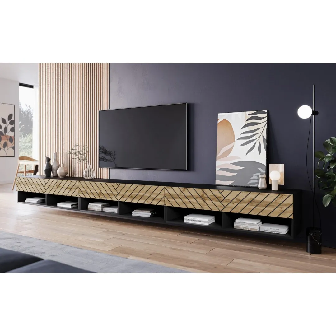 TV-Schrank „ANNE“, 300 cm, Graphitschwarz / Front aus Wotan-Eiche, MDF-Fischgrätmuster