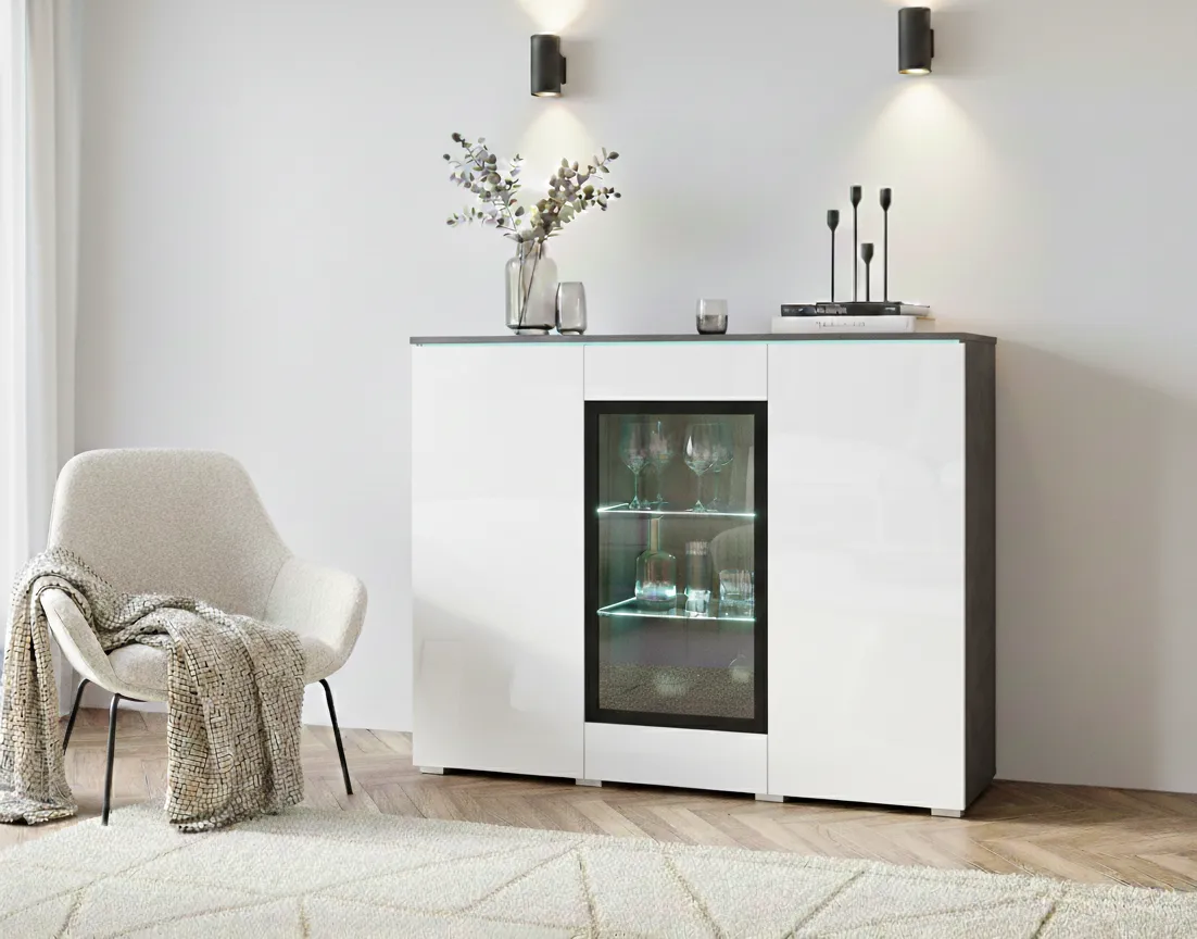 VEVE 120 cm Glaskommode mit Hochglanzfronten