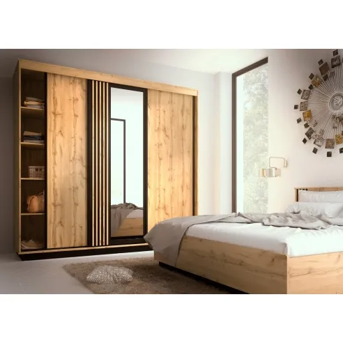 Lamia 19 Schiebetürenschrank, 3 Schiebetüren, MDF-Leisten, mit Spiegel, Wotan Eiche/Mattschwarz